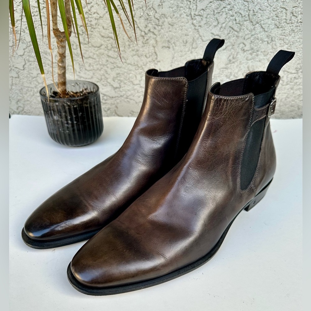 John Varvatos Collection Men's Lewis Buckle Steel Gray Leather Chelsea Boots 13